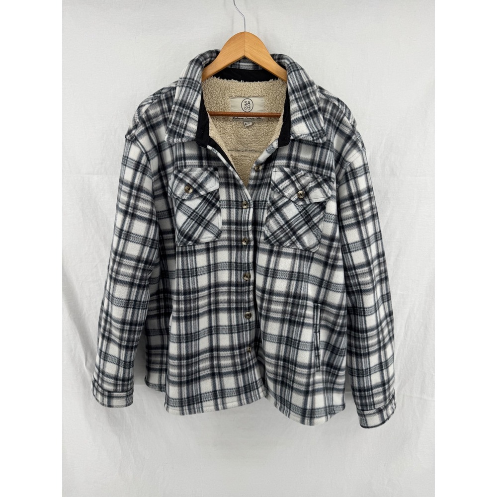 Sage Collective Women XXL Plaid Fleece Shirt Jacket Faux Fur Lined Black White